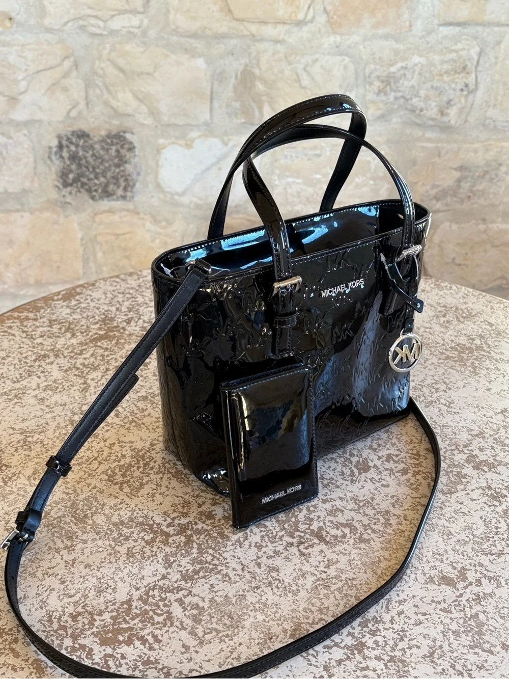 Michael Kors Black Patent Leather Satchel with Logo Charm